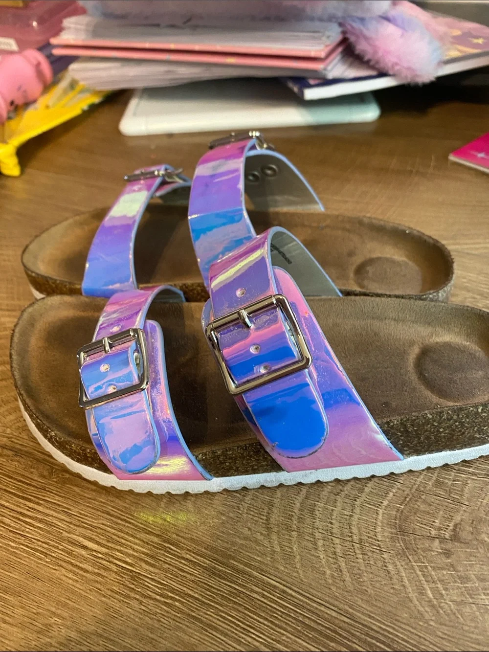 wonder nation Iridescent Pink Purple Double-Buckle Slide Sandals